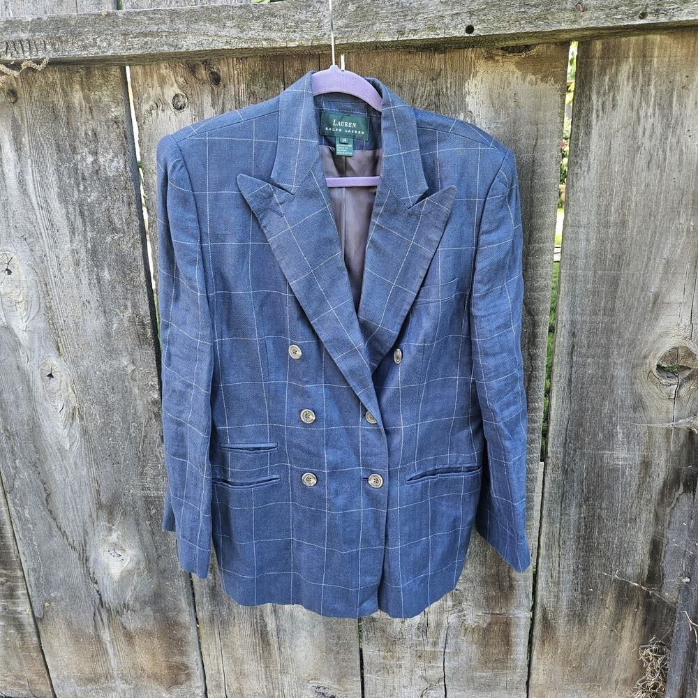 VINTAGE RALPH LAUREN WOMEN'S LINEN WINDOW PANE PATTERN BLUE BLAZER - SIZE 12